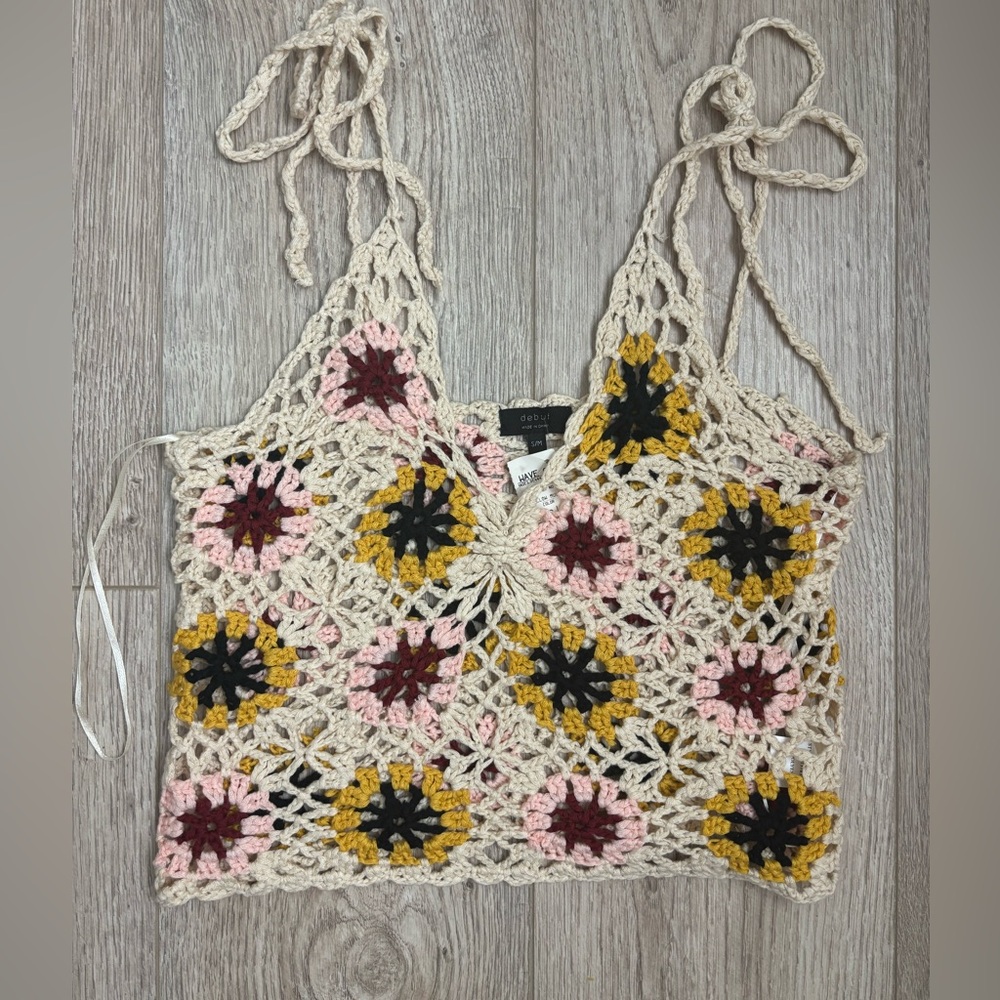 Debut Crochet Floral Tank Top - Cream, Pink, Yellow, Black